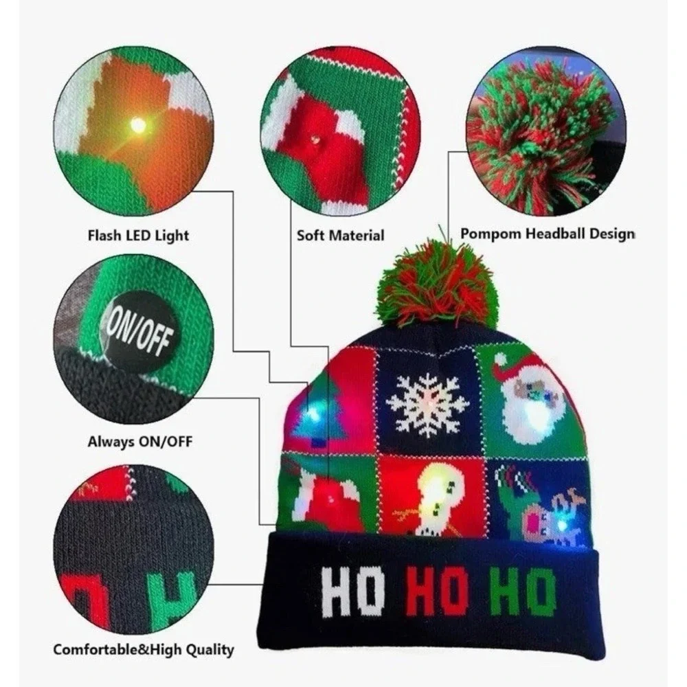 2 Pack LED Christmas Light-up Sweater Hats, Colorful Flashing Knitted Beanie